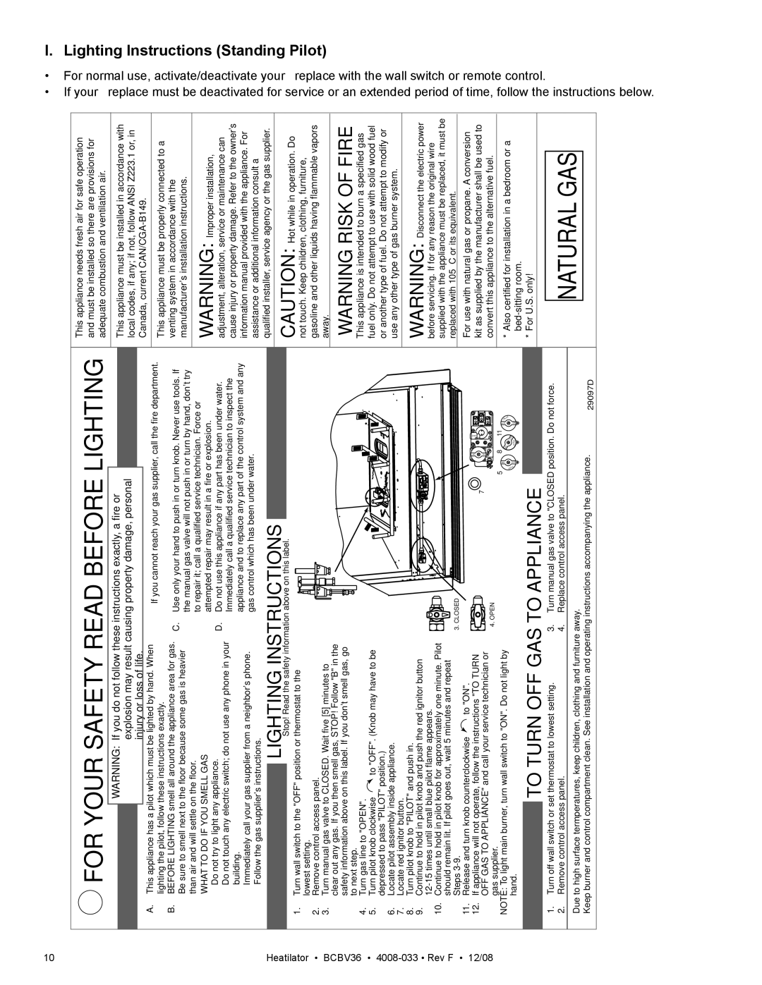 Hearth and Home Technologies BCBV36I owner manual Lighting, Instructions Standing, Pilot 