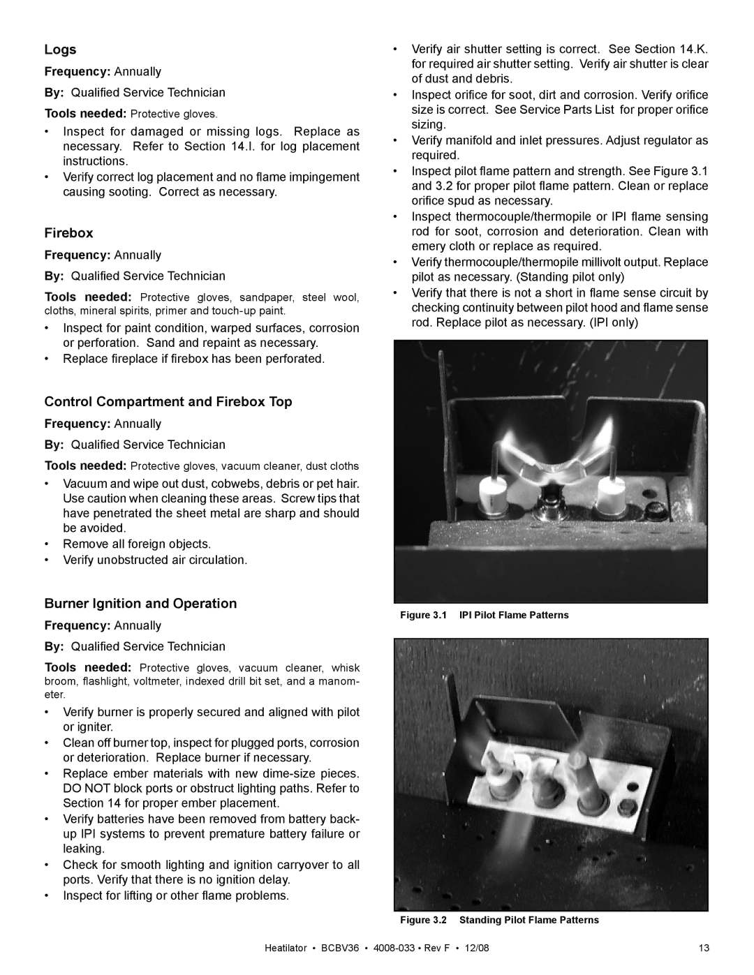 Hearth and Home Technologies BCBV36I Logs, Control Compartment and Firebox Top, Burner Ignition and Operation 