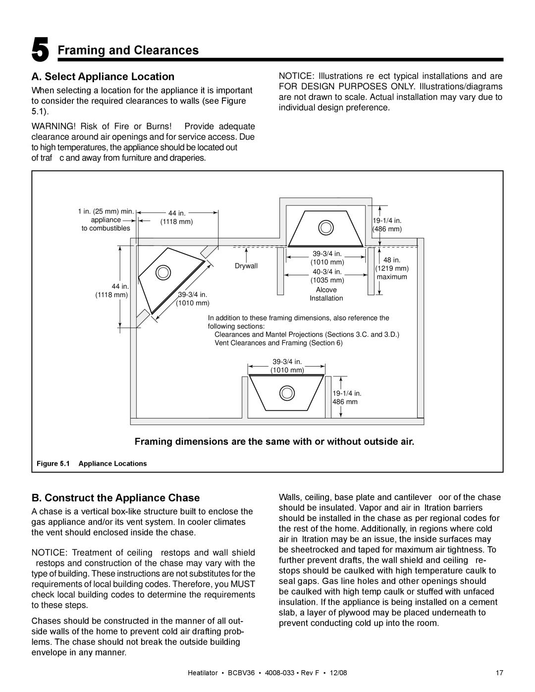 Hearth and Home Technologies BCBV36I Framing and Clearances, Select Appliance Location, Construct the Appliance Chase 