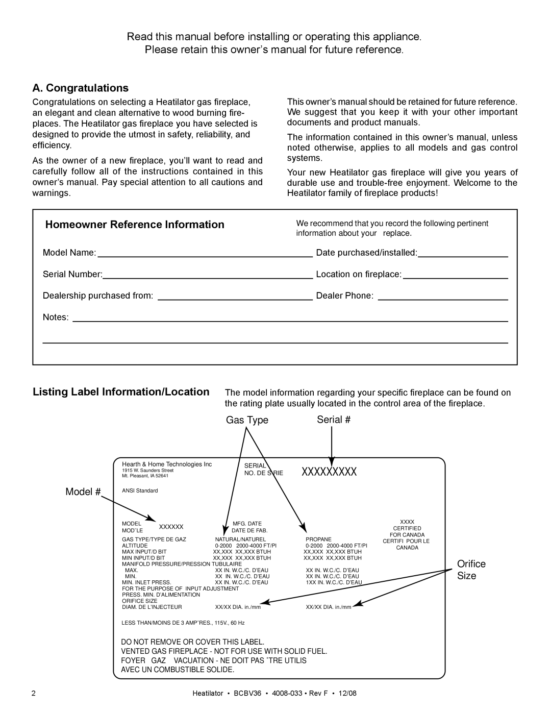 Hearth and Home Technologies BCBV36I owner manual Congratulations, Homeowner Reference Information 