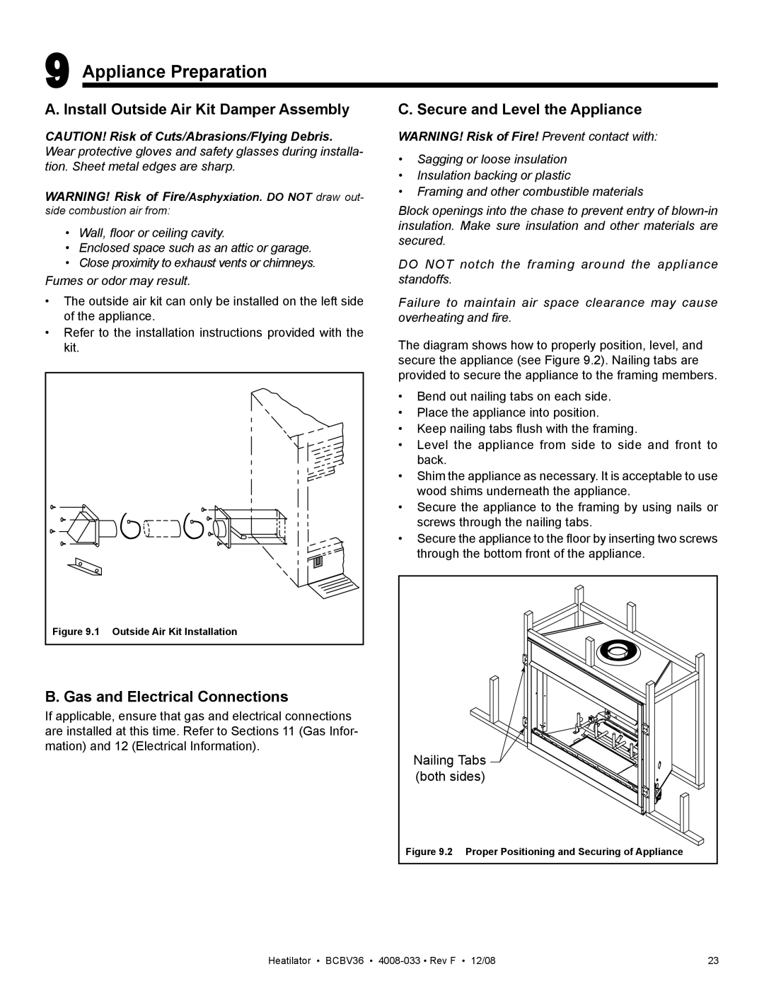 Hearth and Home Technologies BCBV36I owner manual Appliance Preparation, Install Outside Air Kit Damper Assembly 