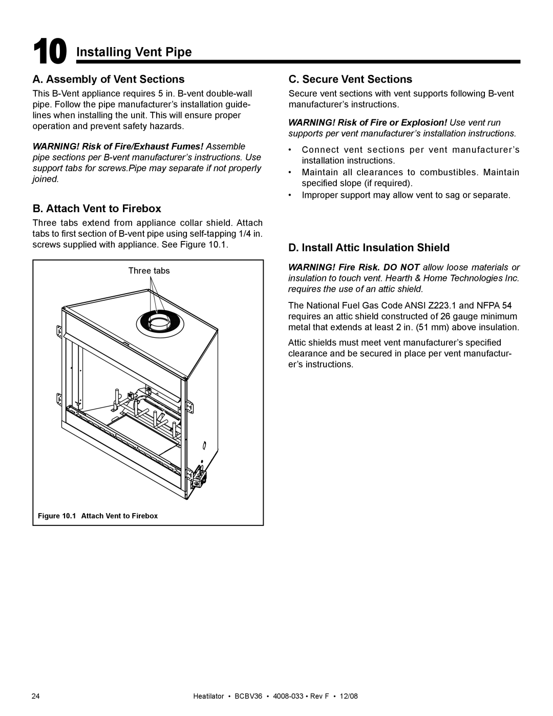 Hearth and Home Technologies BCBV36I owner manual Installing Vent Pipe, Assembly of Vent Sections, Secure Vent Sections 