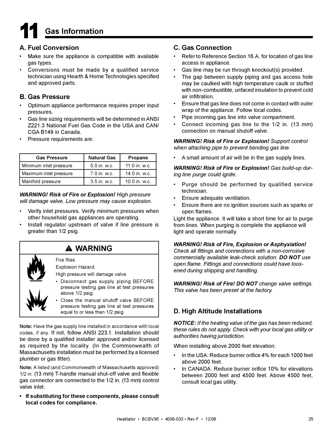 Hearth and Home Technologies BCBV36I owner manual Gas Information, Fuel Conversion, Gas Pressure, Gas Connection 