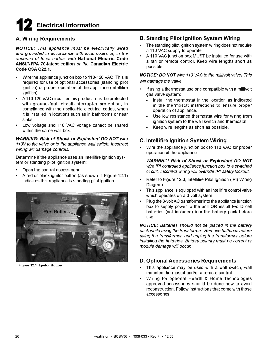 Hearth and Home Technologies BCBV36 Electrical Information, Wiring Requirements, Standing Pilot Ignition System Wiring 