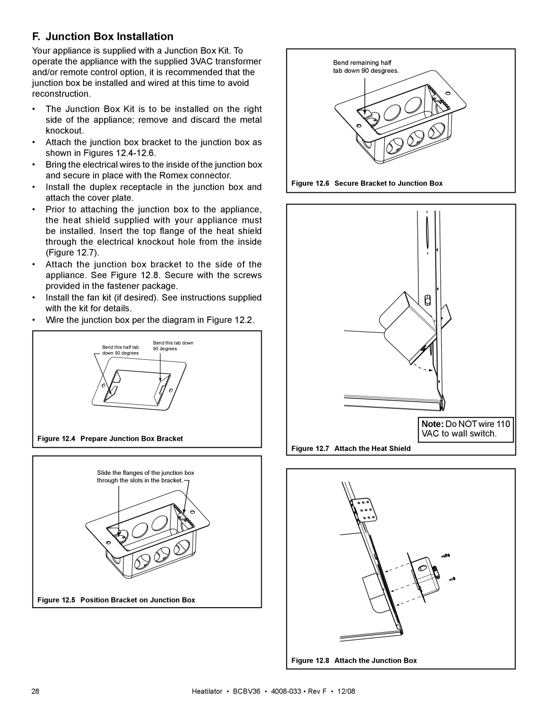 Hearth and Home Technologies BCBV36I owner manual Junction Box Installation, Prepare Junction Box Bracket 