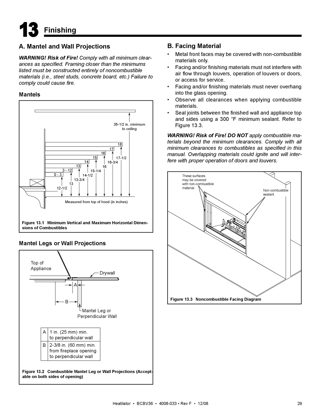 Hearth and Home Technologies BCBV36I owner manual Finishing, Facing Material 