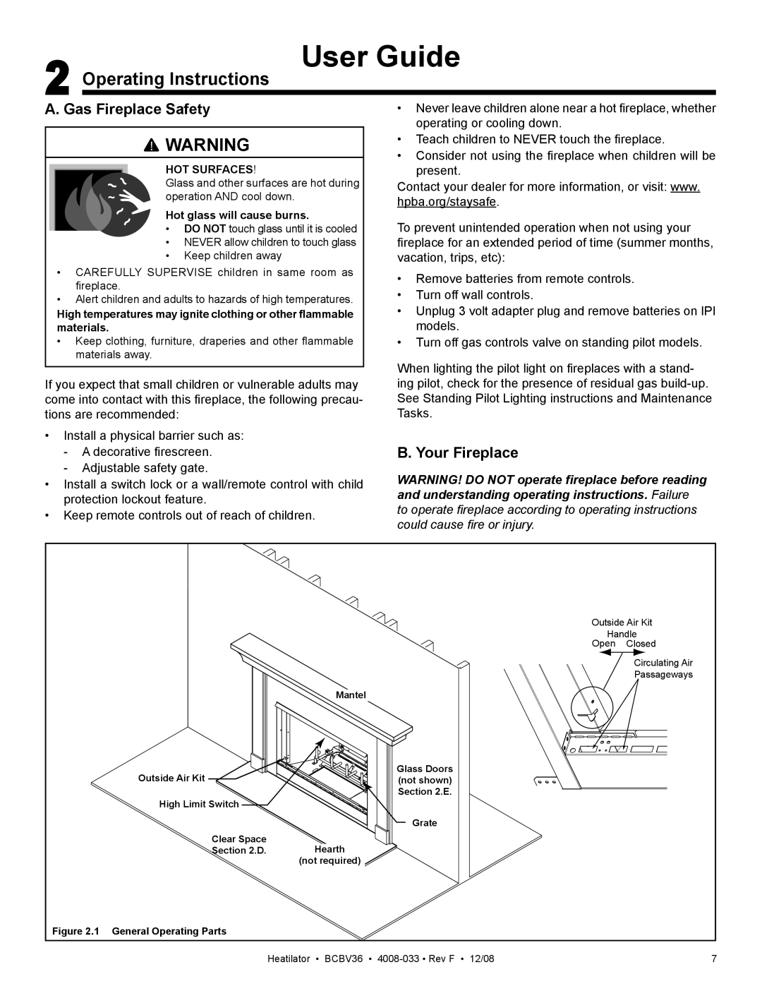 Hearth and Home Technologies BCBV36I owner manual Operating Instructions, Gas Fireplace Safety, Your Fireplace 