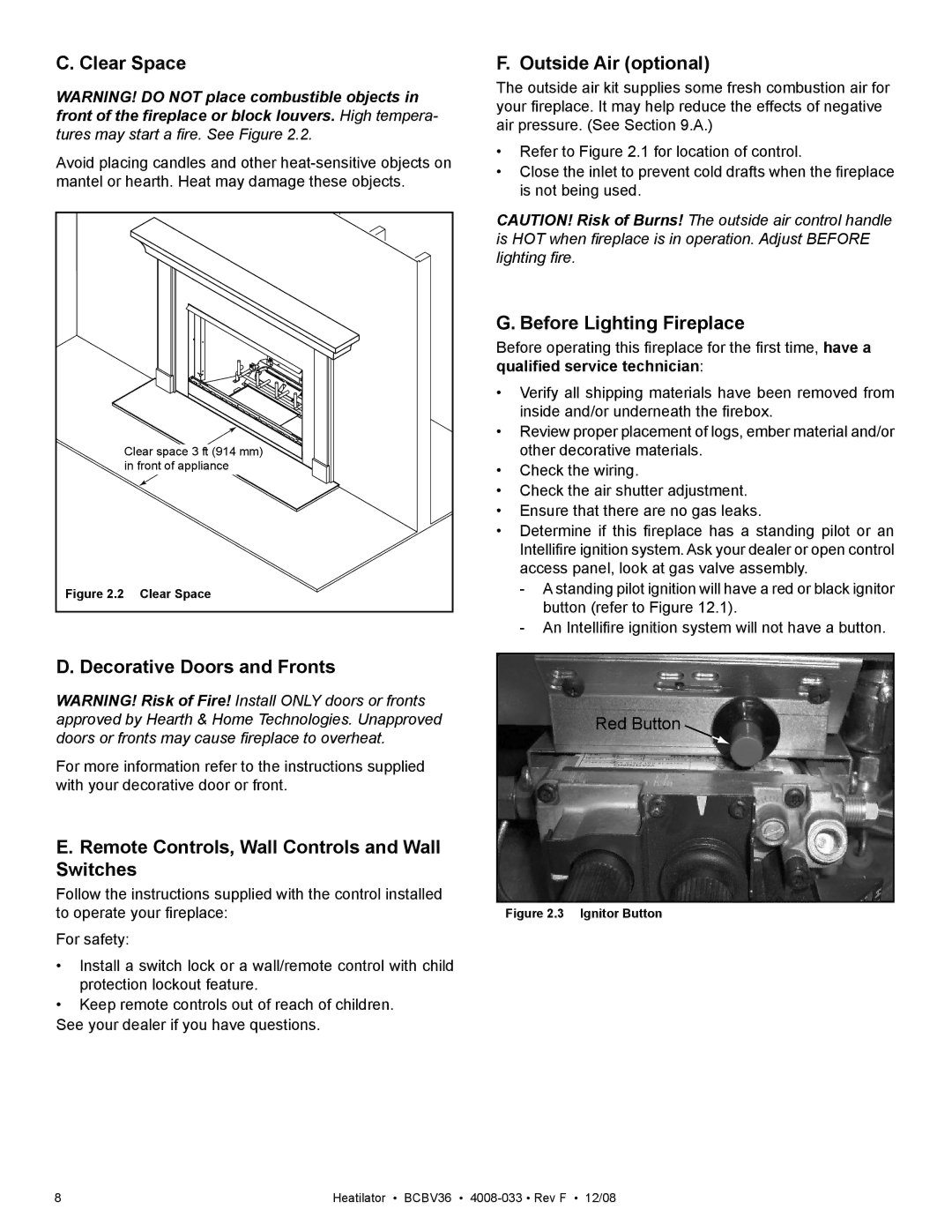 Hearth and Home Technologies BCBV36I owner manual Clear Space, Decorative Doors and Fronts, Outside Air optional 