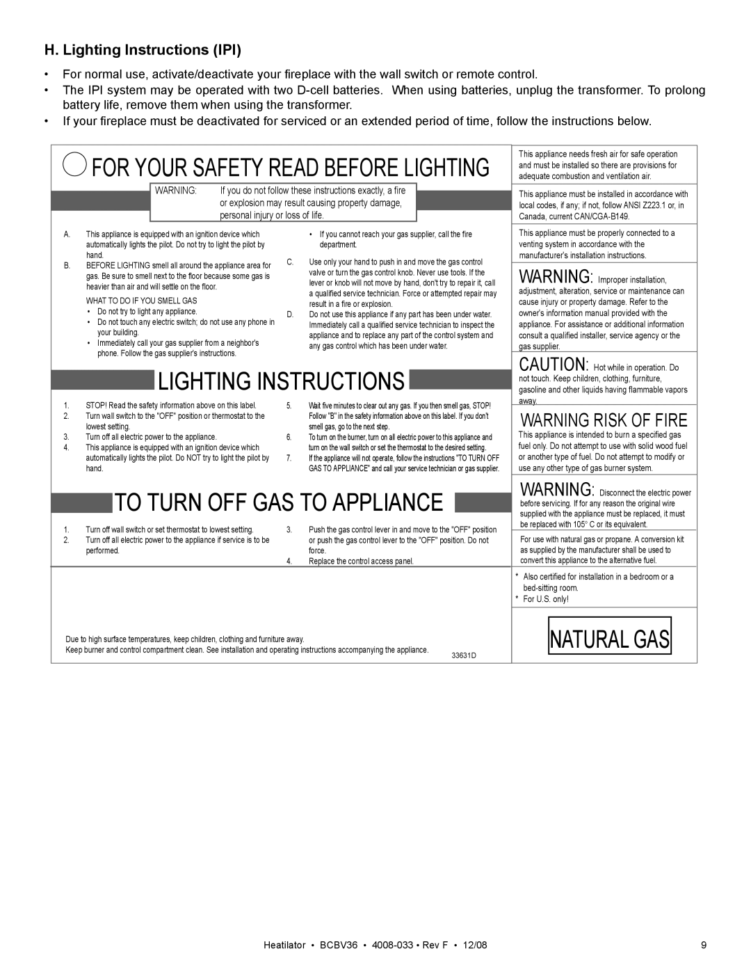 Hearth and Home Technologies BCBV36I owner manual For Your Safety Read Before Lighting, Lighting Instructions IPI 