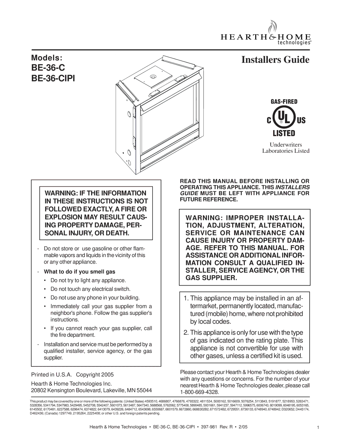 Hearth and Home Technologies BE-36-CIPI manual Installers Guide, What to do if you smell gas 