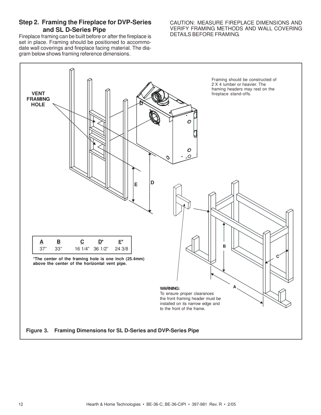 Hearth and Home Technologies BE-36-CIPI manual Framing the Fireplace for DVP-Series and SL D-Series Pipe, C D* E 