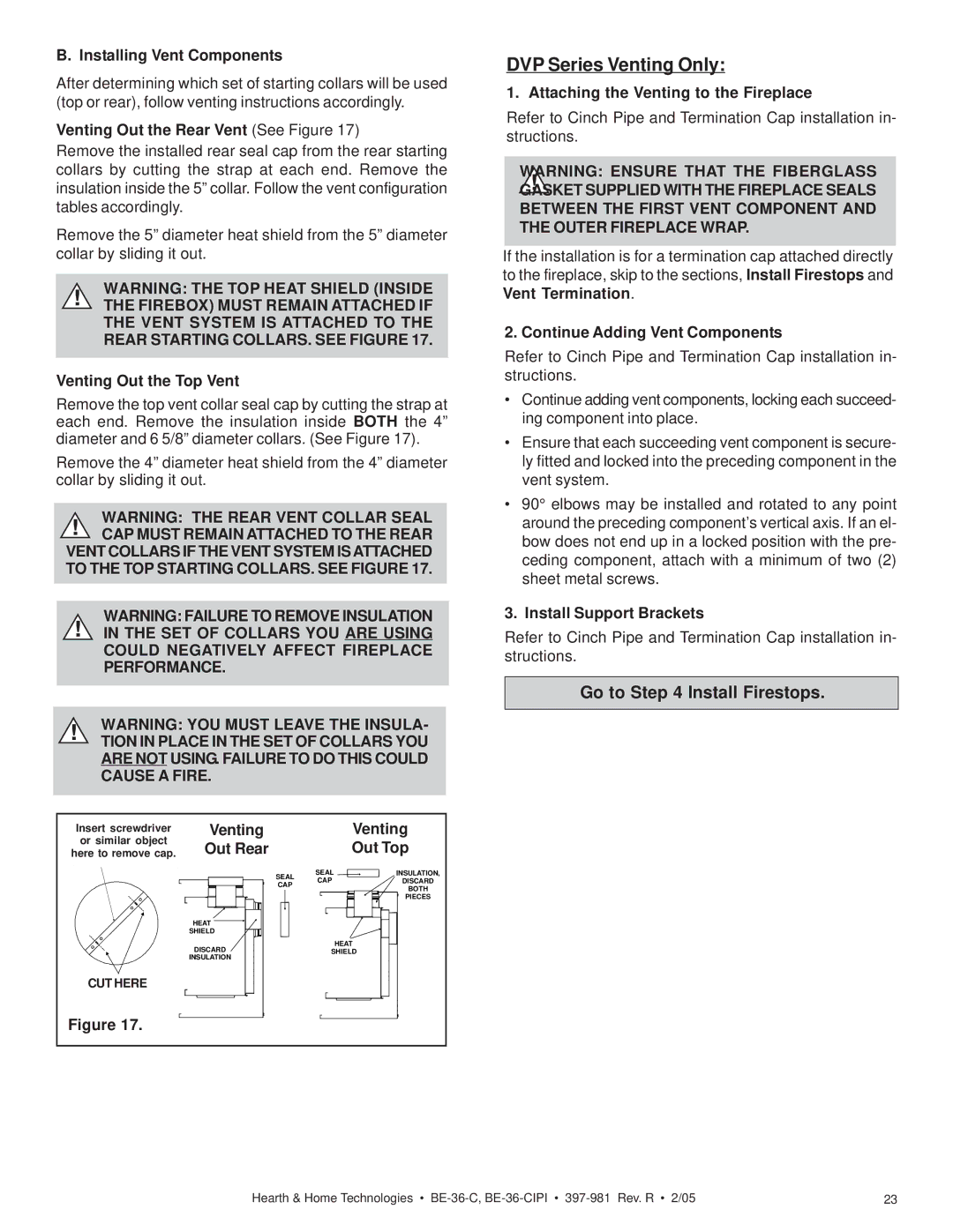 Hearth and Home Technologies BE-36-CIPI manual DVP Series Venting Only, Go to Install Firestops 