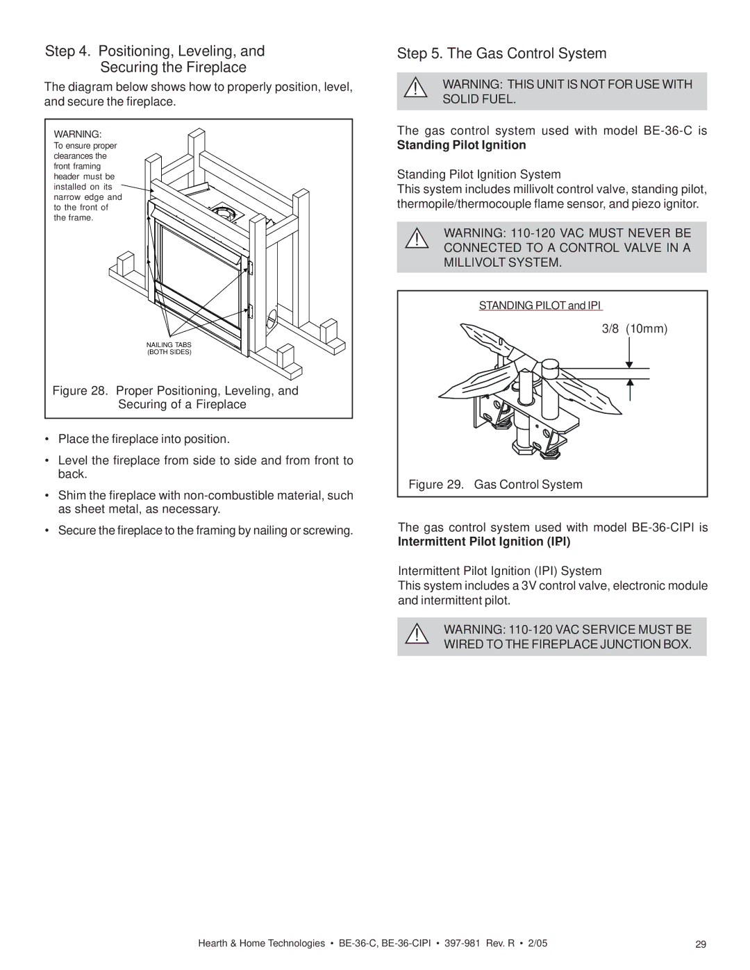 Hearth and Home Technologies BE-36-CIPI manual Positioning, Leveling, and Securing the Fireplace, Gas Control System 