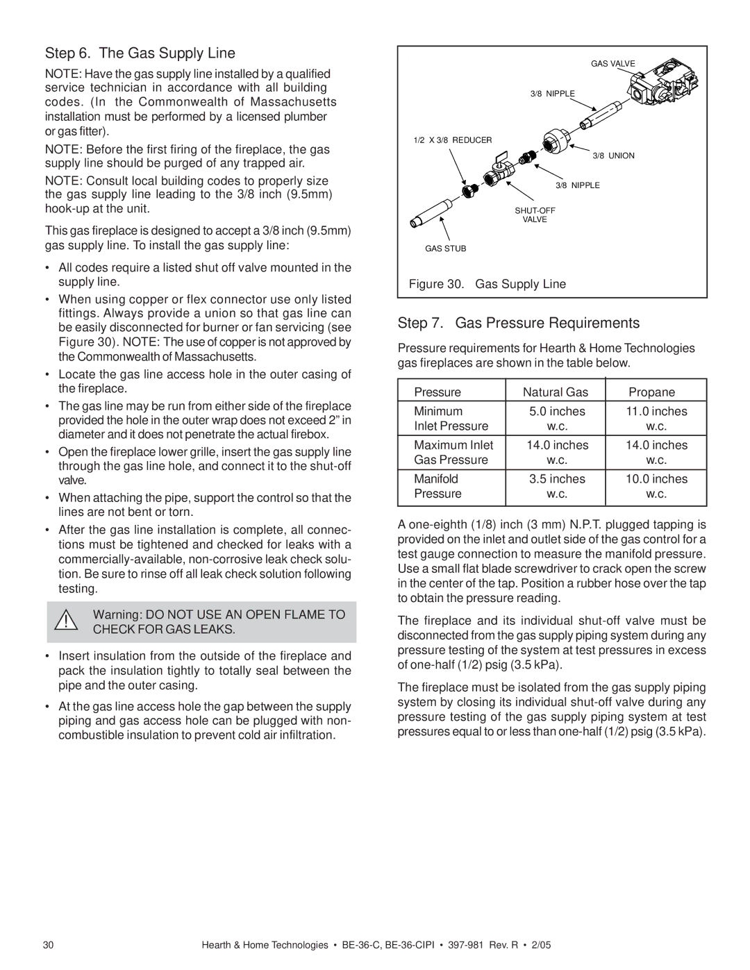 Hearth and Home Technologies BE-36-CIPI manual Gas Supply Line, Gas Pressure Requirements, Pressure Natural Gas Propane 