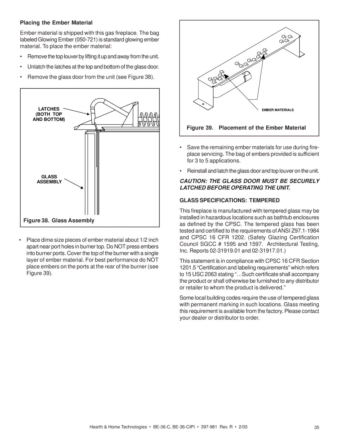 Hearth and Home Technologies BE-36-CIPI manual Placing the Ember Material, Glass Specifications Tempered 