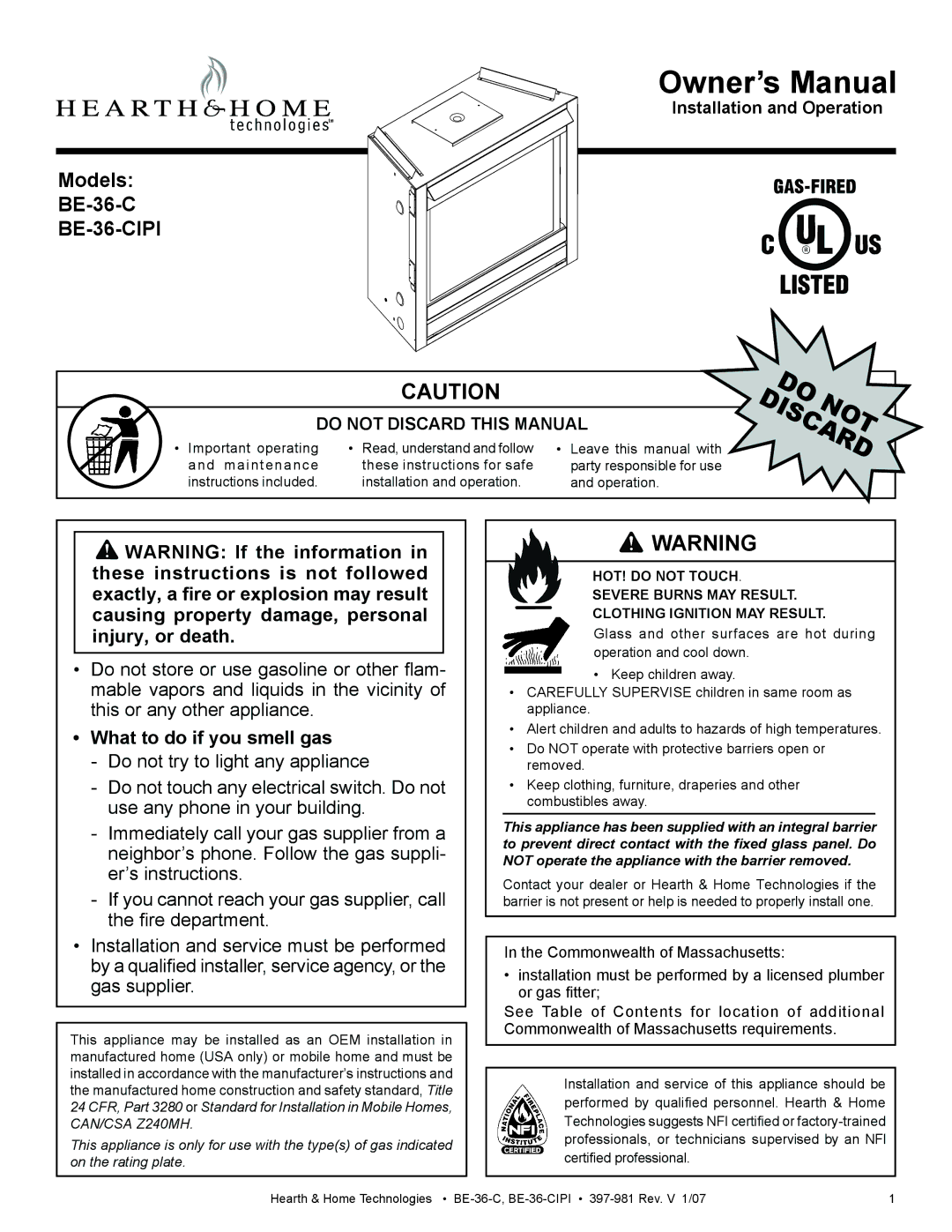 Hearth and Home Technologies manual BE-36-CIPI, What to do if you smell gas 