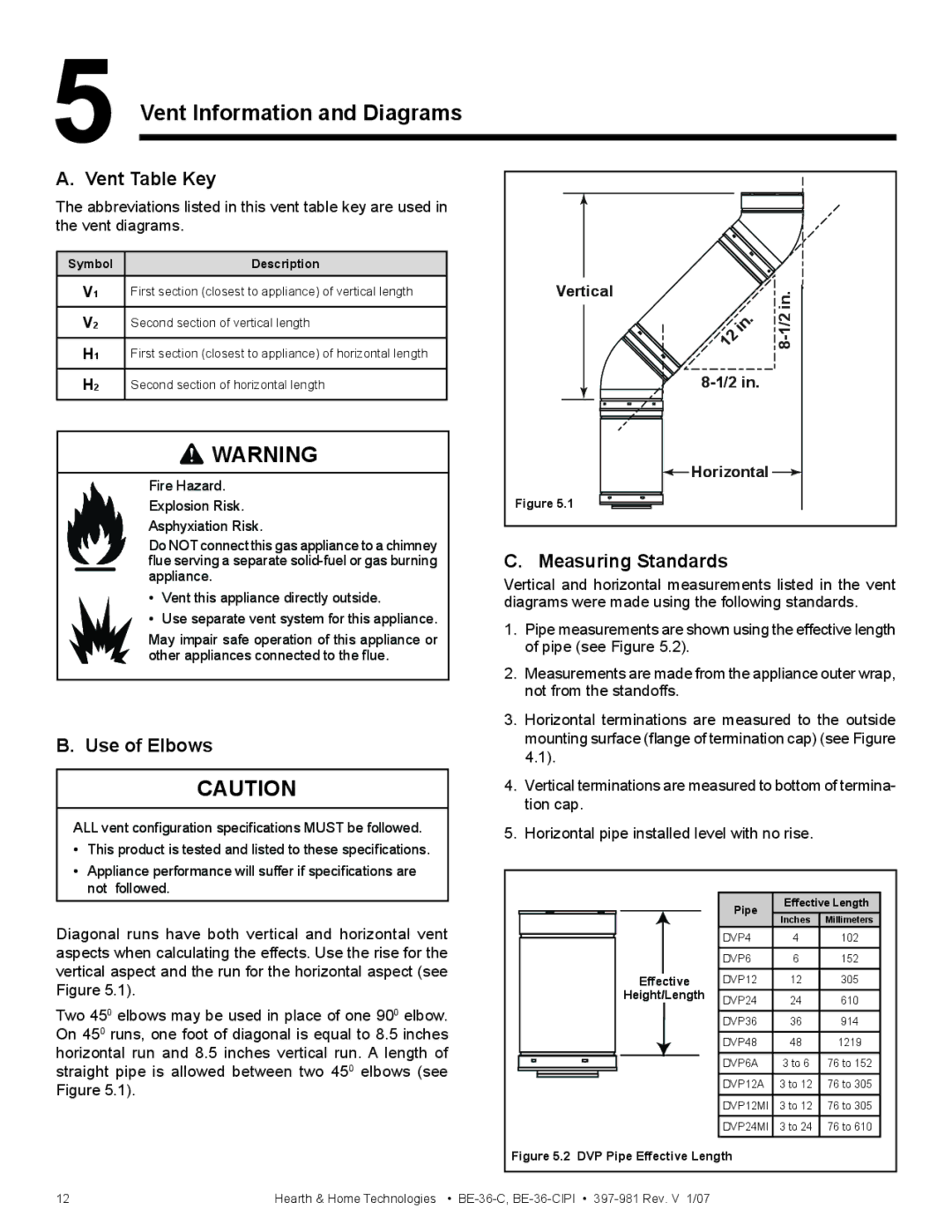 Hearth and Home Technologies BE-36-C Vent Information and Diagrams, Vent Table Key, Use of Elbows, Measuring Standards 