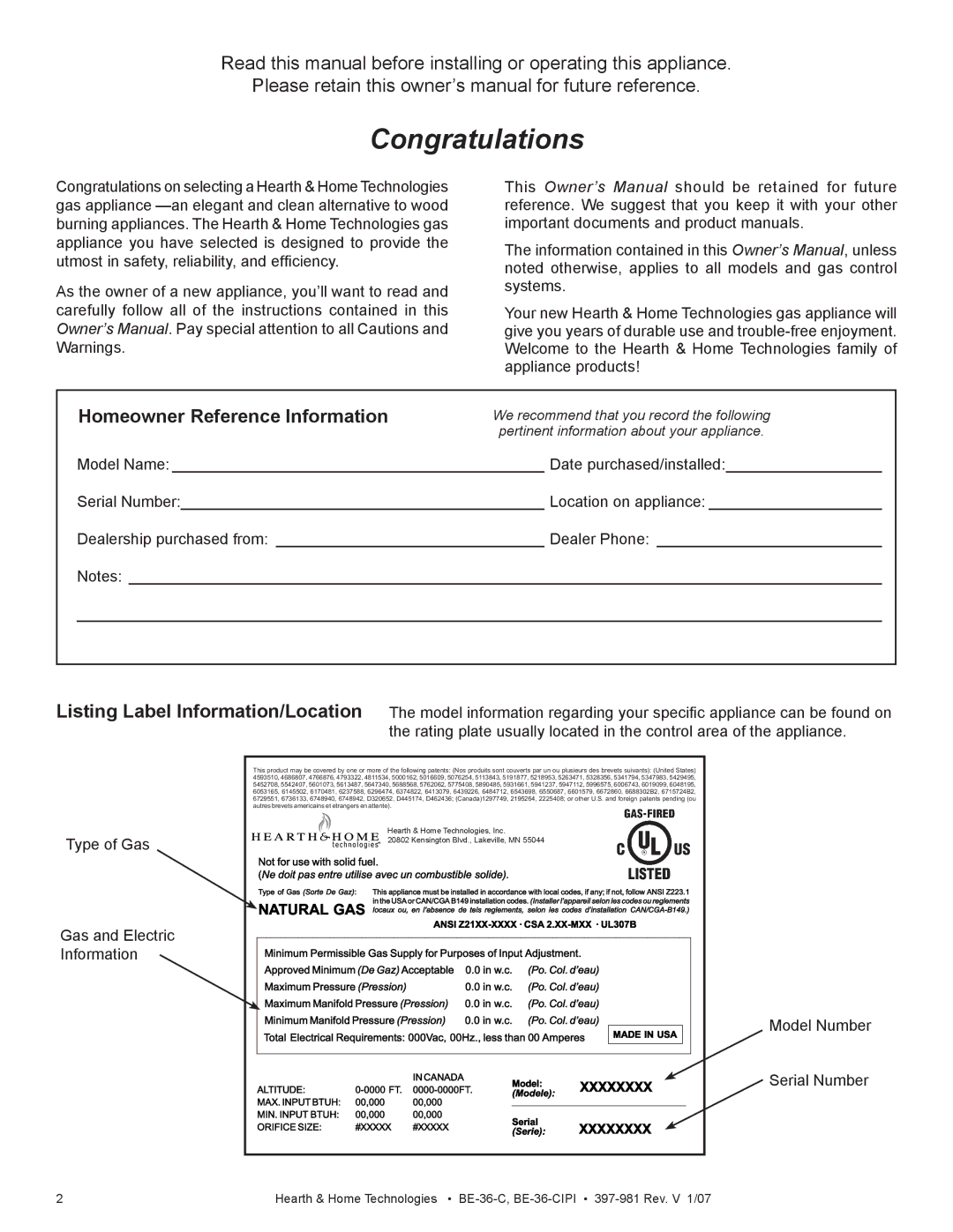 Hearth and Home Technologies BE-36-C manual Congratulations, Homeowner Reference Information 