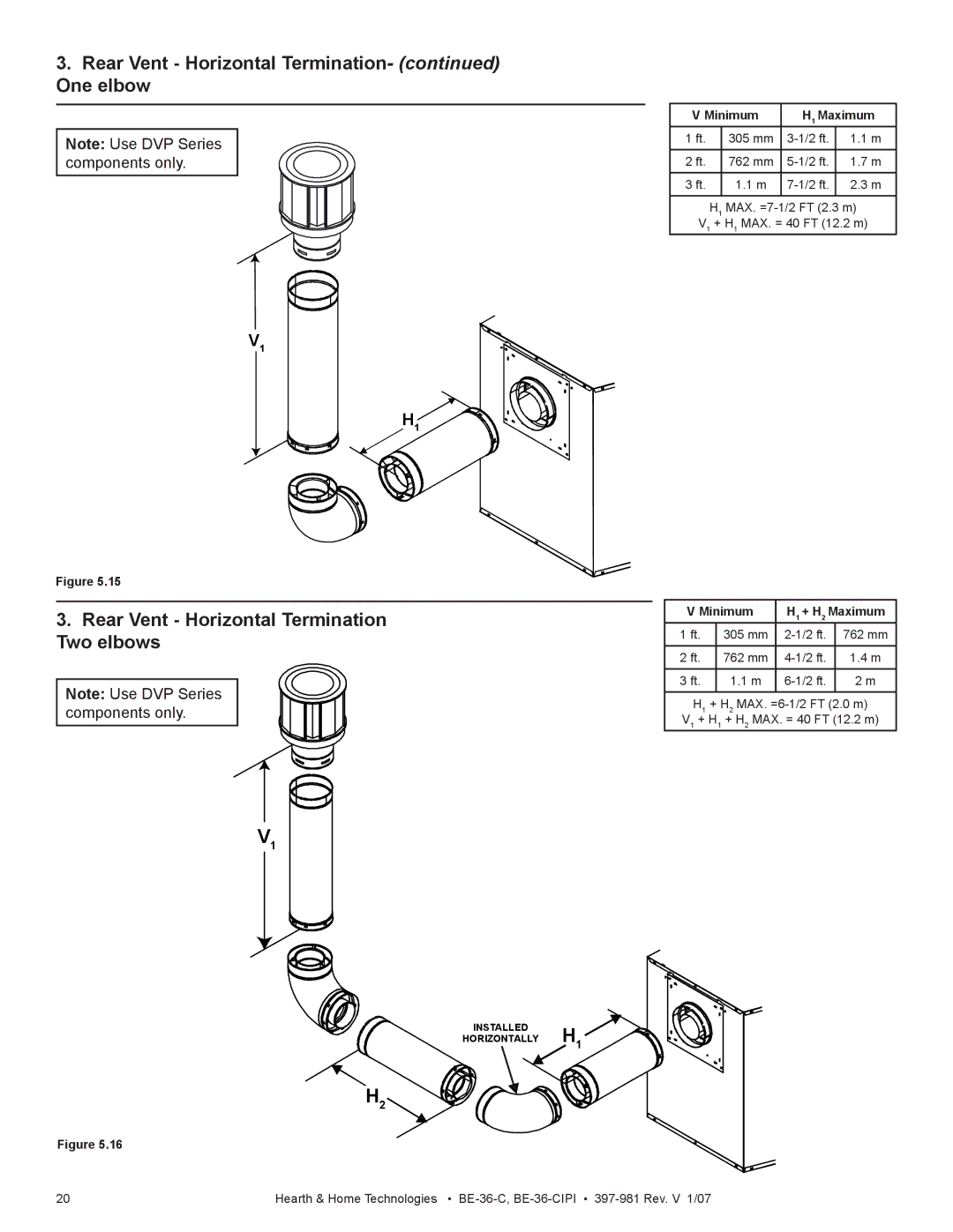 Hearth and Home Technologies BE-36-C manual Rear Vent Horizontal Termination- One elbow 