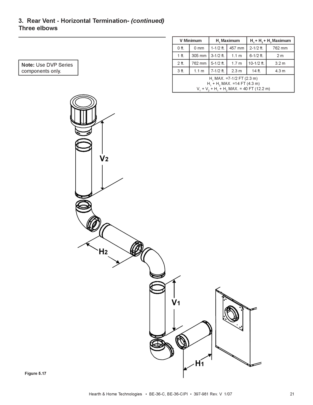 Hearth and Home Technologies BE-36-C manual Rear Vent Horizontal Termination- Three elbows 