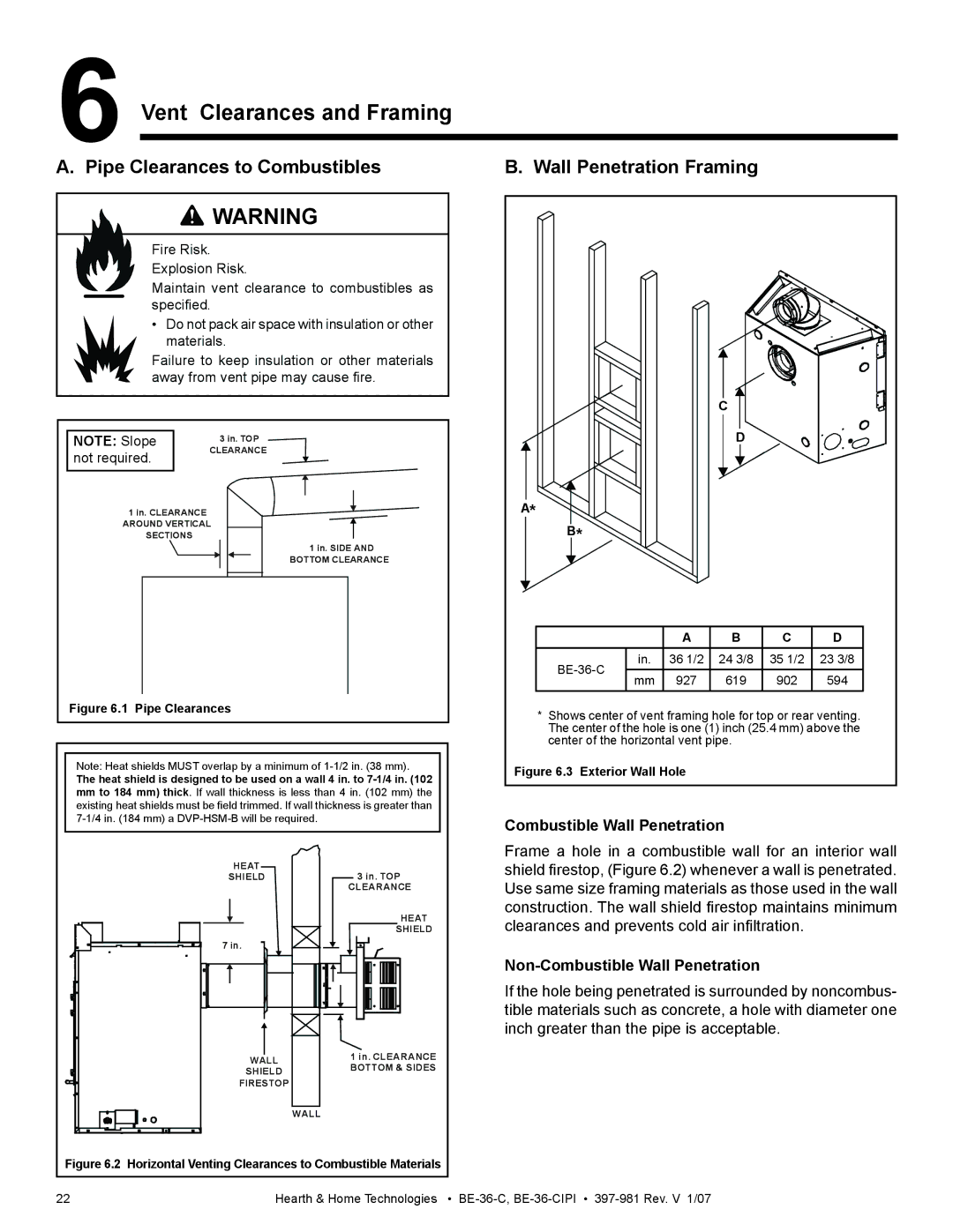 Hearth and Home Technologies BE-36-C Vent Clearances and Framing, Pipe Clearances to Combustibles Wall Penetration Framing 