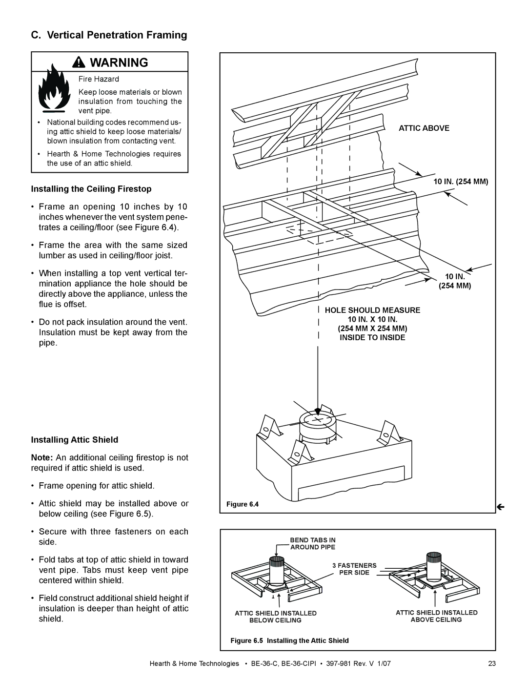 Hearth and Home Technologies BE-36-C manual Vertical Penetration Framing, Installing the Ceiling Firestop, 10 IN. X 10 