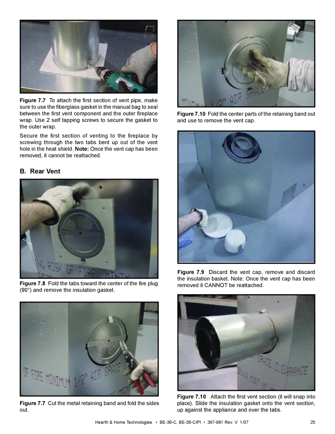 Hearth and Home Technologies BE-36-C manual Rear Vent, Cut the metal retaining band and fold the sides out 