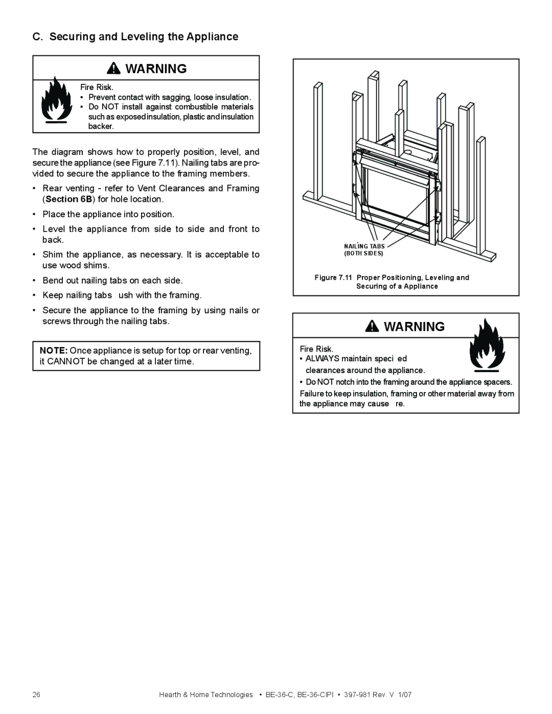 Hearth and Home Technologies BE-36-C manual Securing and Leveling the Appliance 