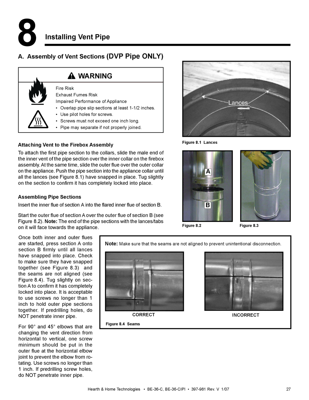 Hearth and Home Technologies BE-36-C manual Installing Vent Pipe, Assembly of Vent Sections DVP Pipe only 