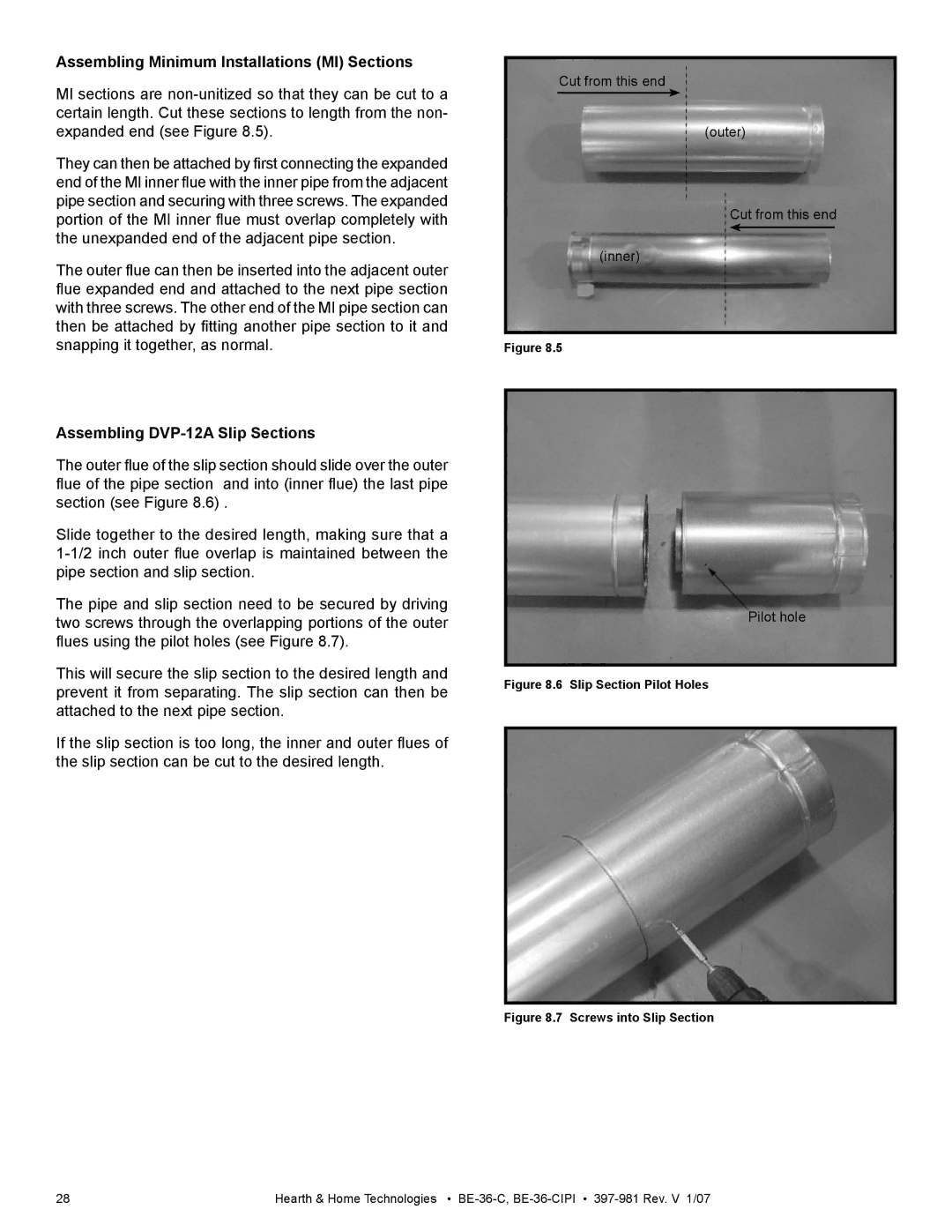 Hearth and Home Technologies BE-36-C manual Assembling Minimum Installations MI Sections, Assembling DVP-12A Slip Sections 