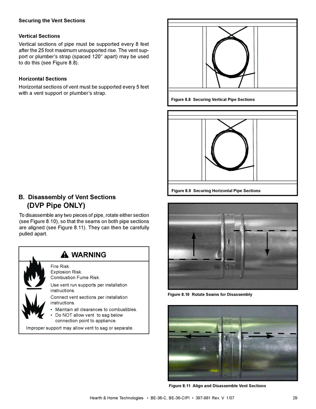 Hearth and Home Technologies BE-36-C manual DVP Pipe only, Disassembly of Vent Sections, Horizontal Sections 