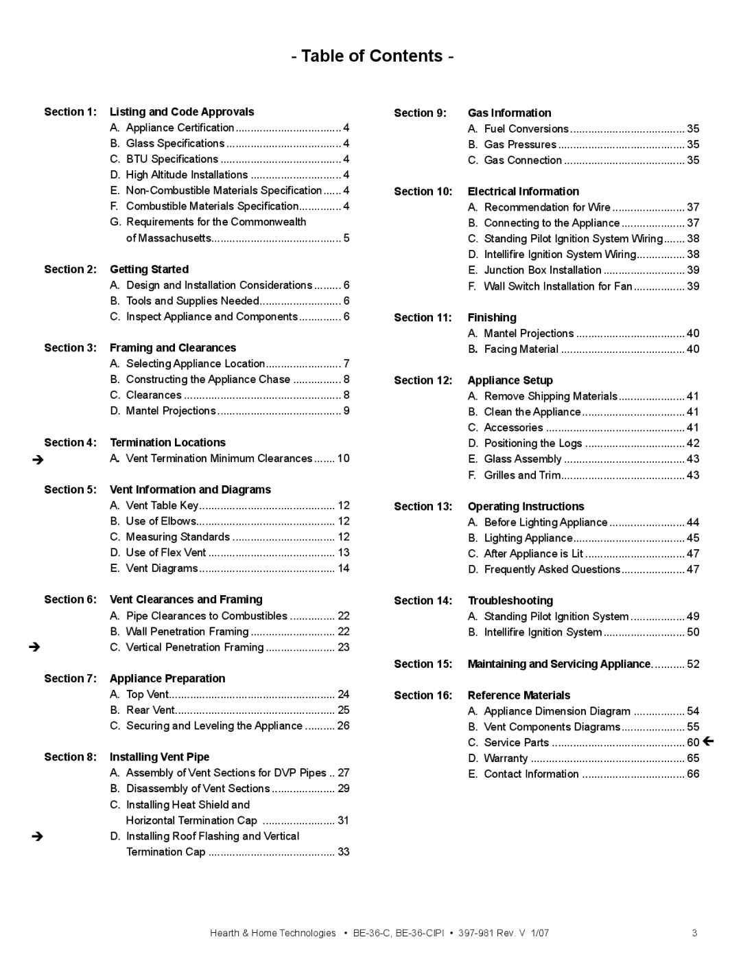 Hearth and Home Technologies BE-36-C manual Table of Contents 