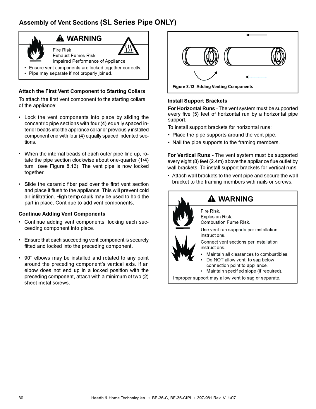 Hearth and Home Technologies BE-36-C manual Assembly of Vent Sections SL Series Pipe only, Continue Adding Vent Components 