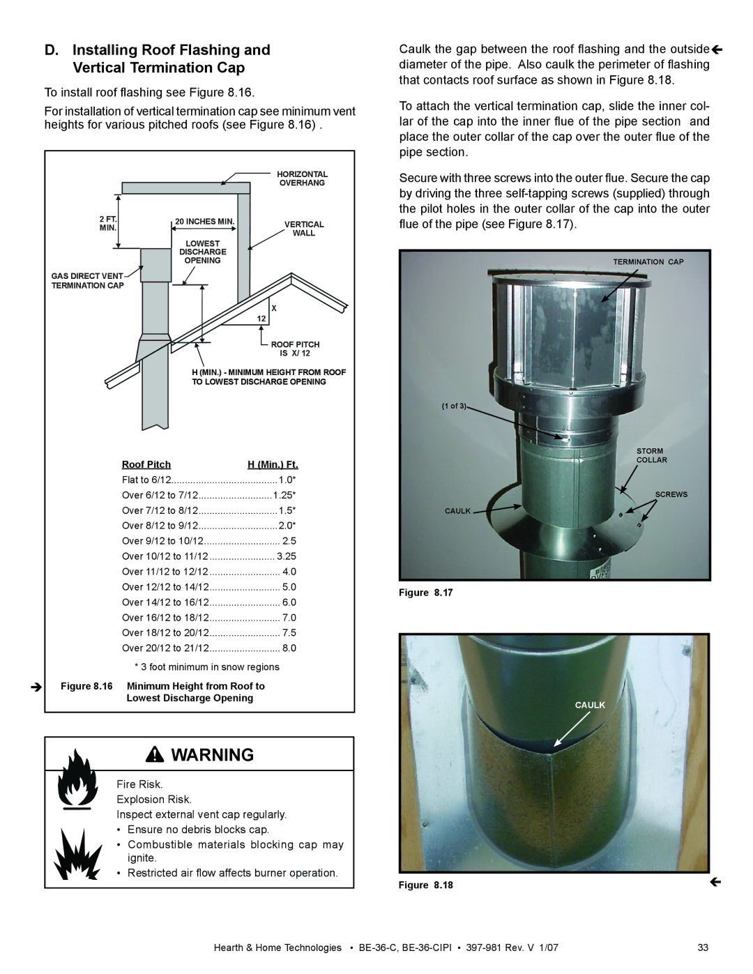 Hearth and Home Technologies BE-36-C manual Installing Roof Flashing and Vertical Termination Cap 