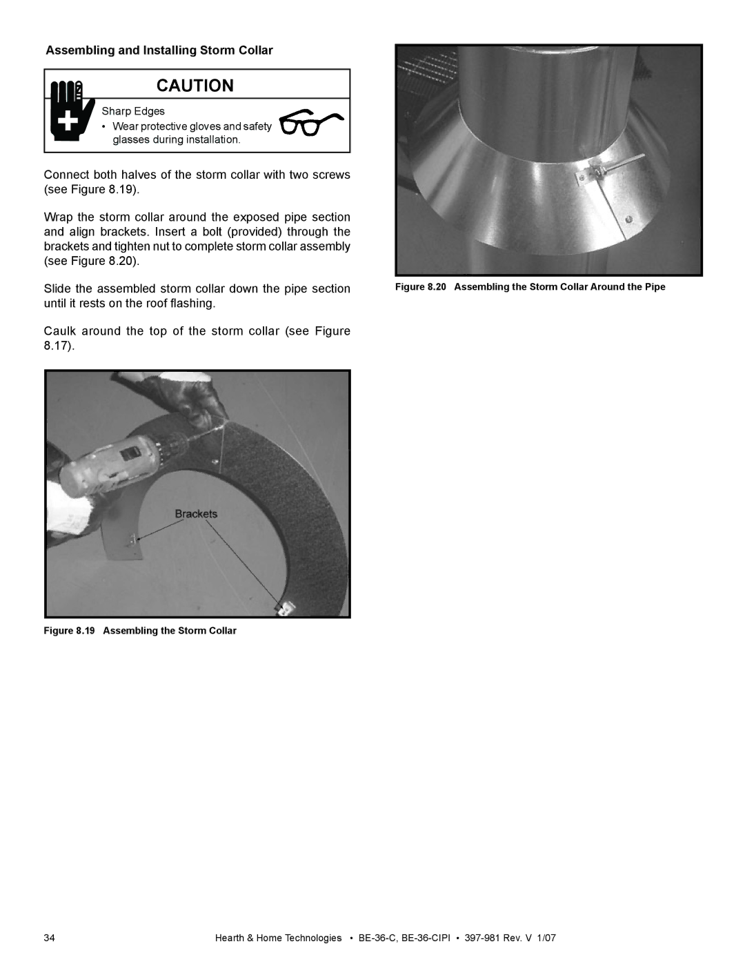 Hearth and Home Technologies BE-36-C Assembling and Installing Storm Collar, Assembling the Storm Collar Around the Pipe 