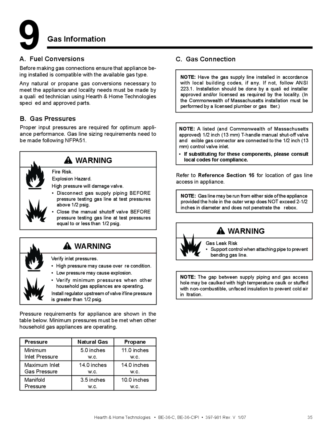 Hearth and Home Technologies BE-36-C manual Gas Information, Fuel Conversions Gas Connection, Gas Pressures 