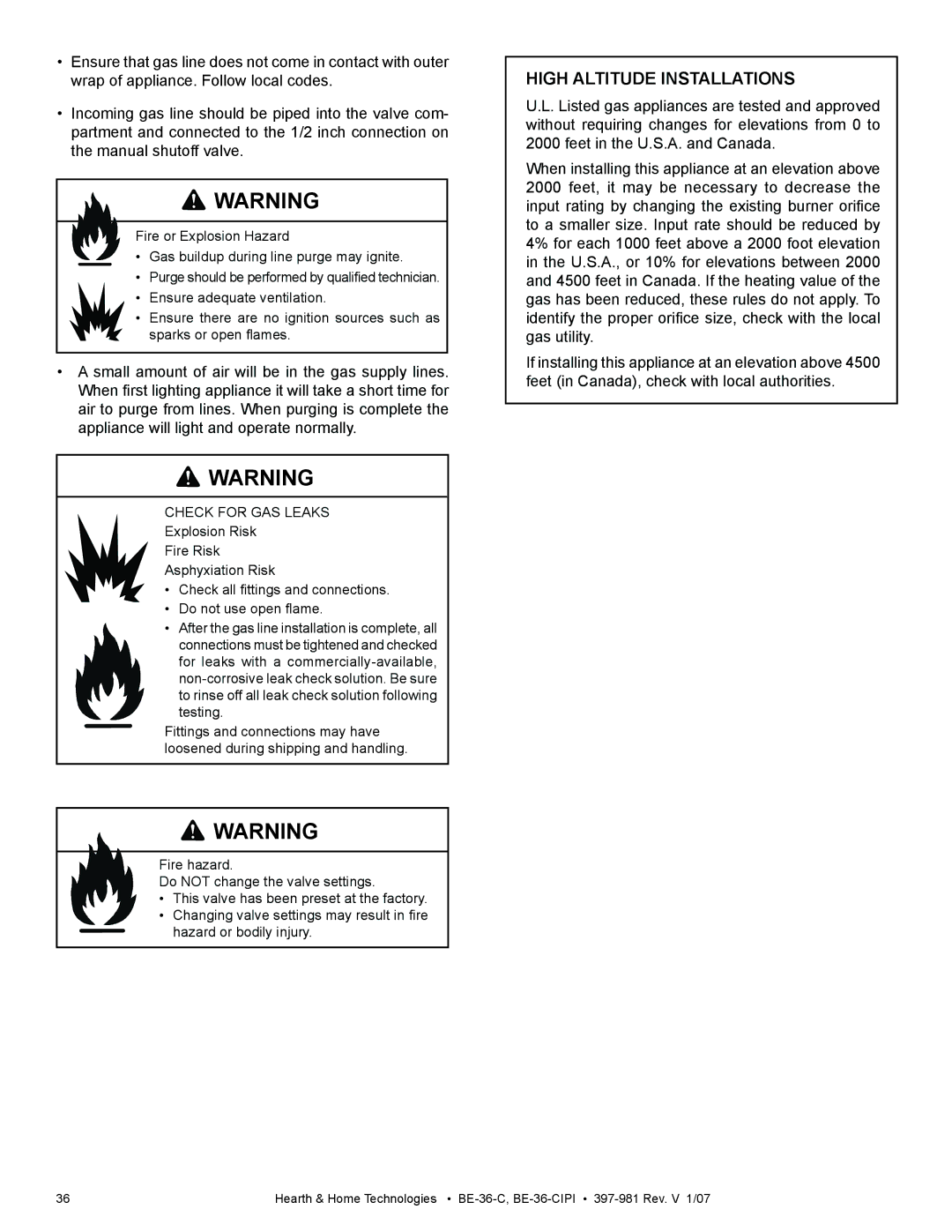 Hearth and Home Technologies BE-36-C manual High Altitude Installations 