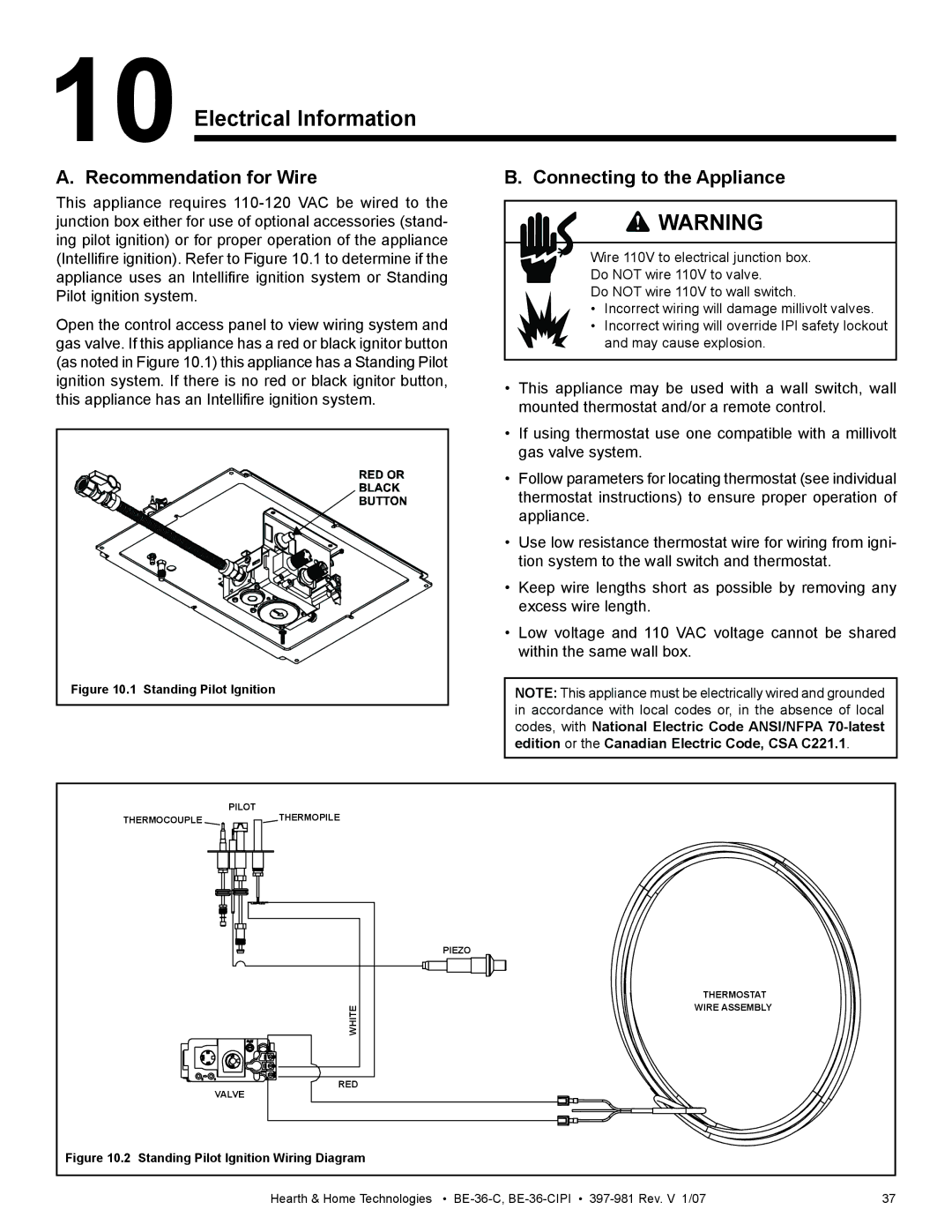 Hearth and Home Technologies BE-36-C manual Electrical Information, Recommendation for Wire, Connecting to the Appliance 