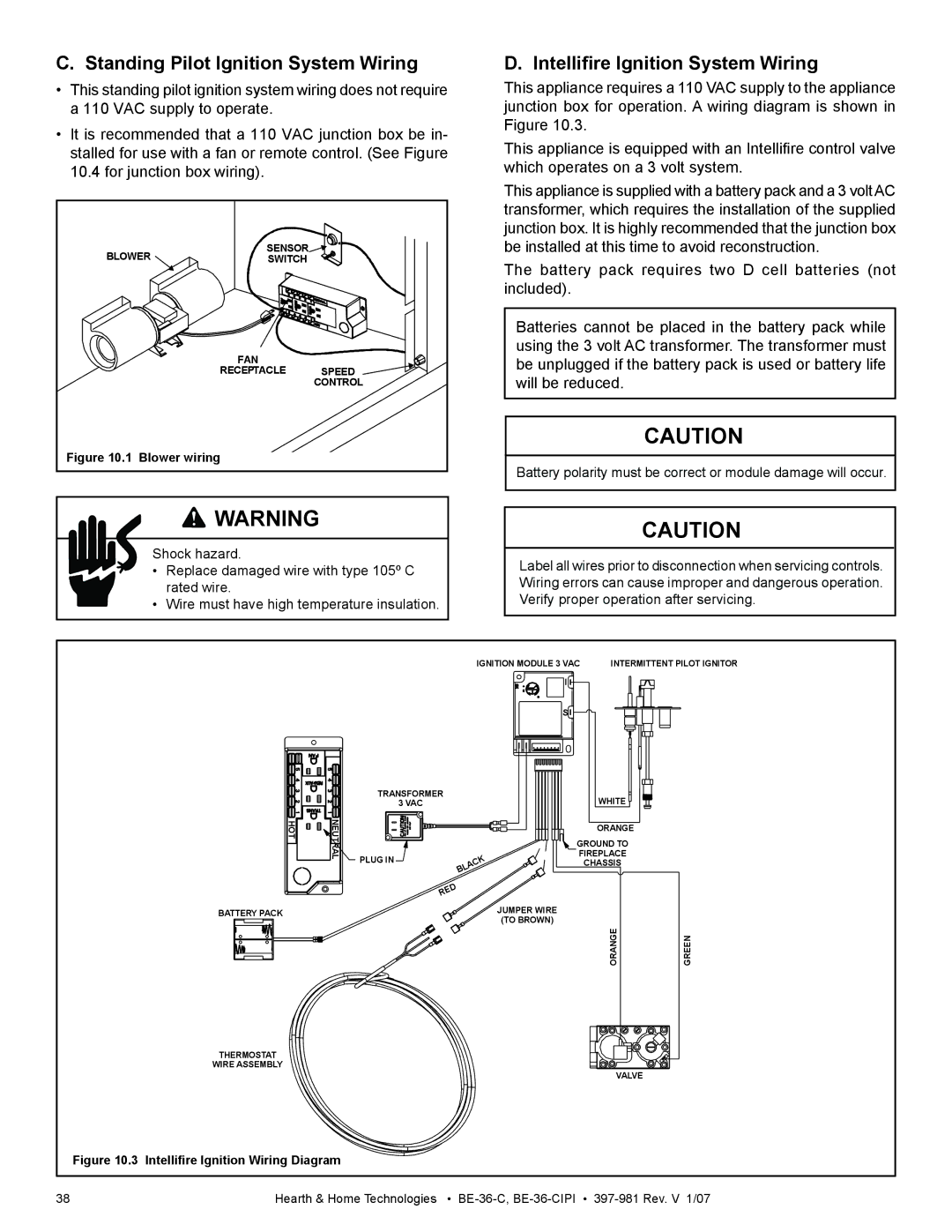 Hearth and Home Technologies BE-36-C manual Standing Pilot Ignition System Wiring, Intelliﬁre Ignition System Wiring 