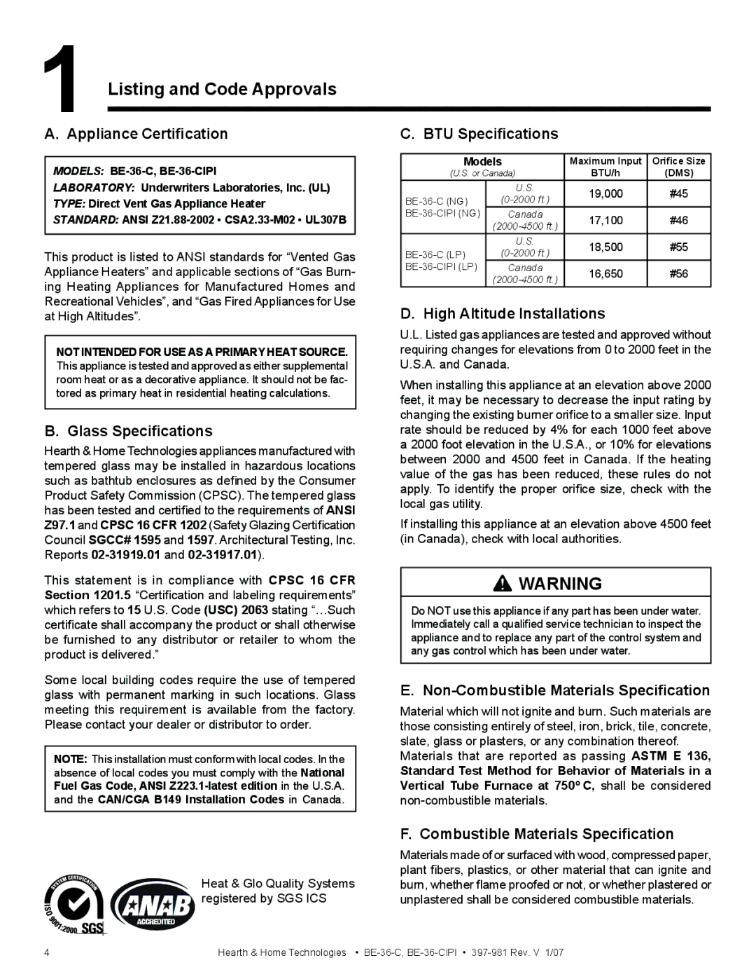 Hearth and Home Technologies BE-36-C manual Listing and Code Approvals 