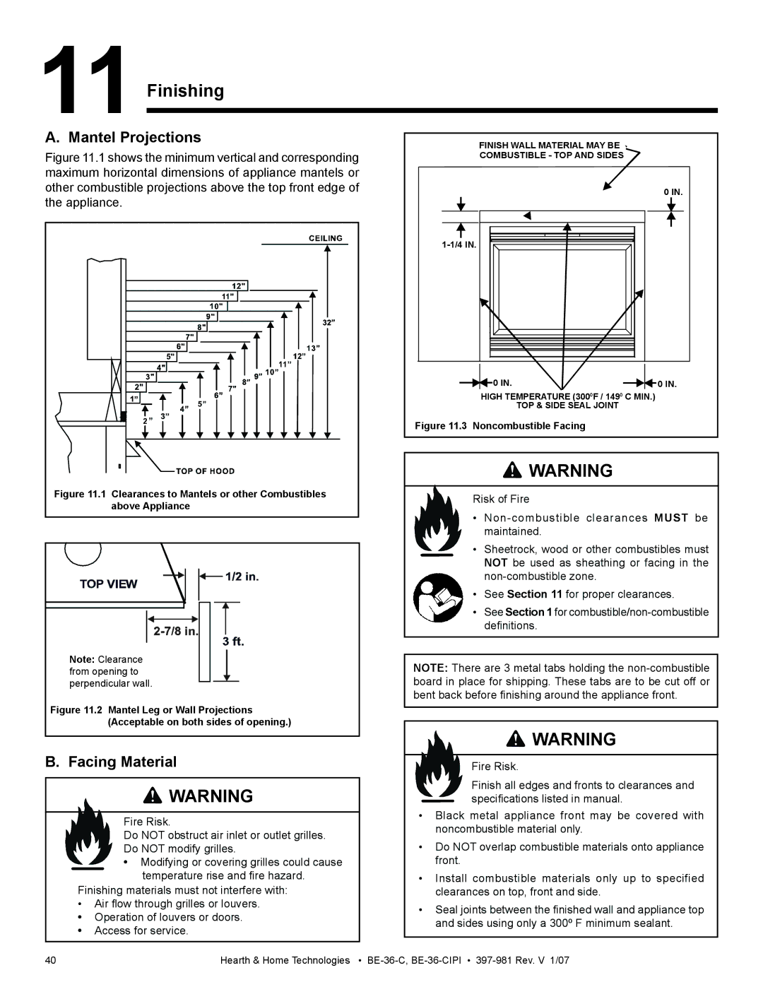 Hearth and Home Technologies BE-36-C manual Finishing, Facing Material, See for combustible/non-combustible deﬁnitions 