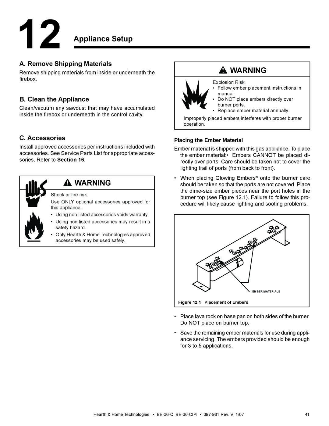 Hearth and Home Technologies BE-36-C manual Appliance Setup, Remove Shipping Materials, Clean the Appliance, Accessories 