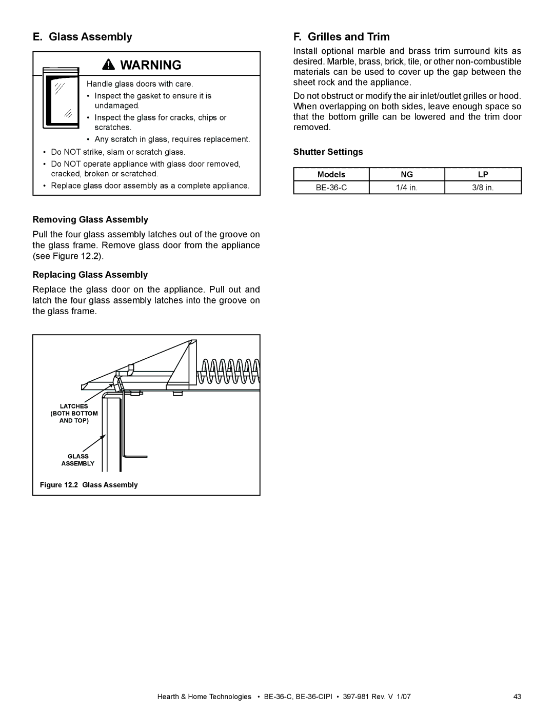 Hearth and Home Technologies BE-36-C manual Grilles and Trim, Removing Glass Assembly, Replacing Glass Assembly 