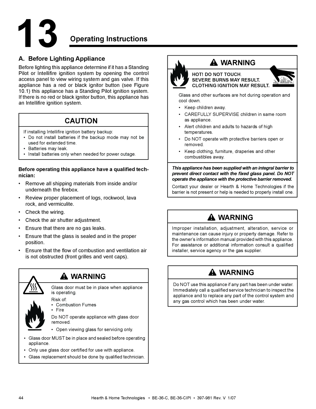 Hearth and Home Technologies BE-36-C manual Operating Instructions, Before Lighting Appliance 