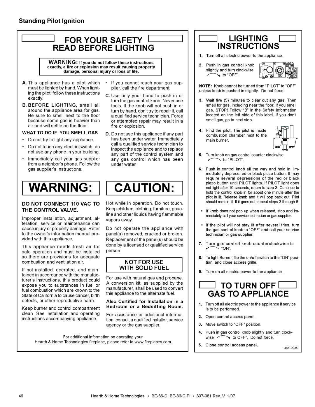 Hearth and Home Technologies BE-36-C manual For Your Safety Read Before Lighting Instructions, Standing Pilot Ignition 