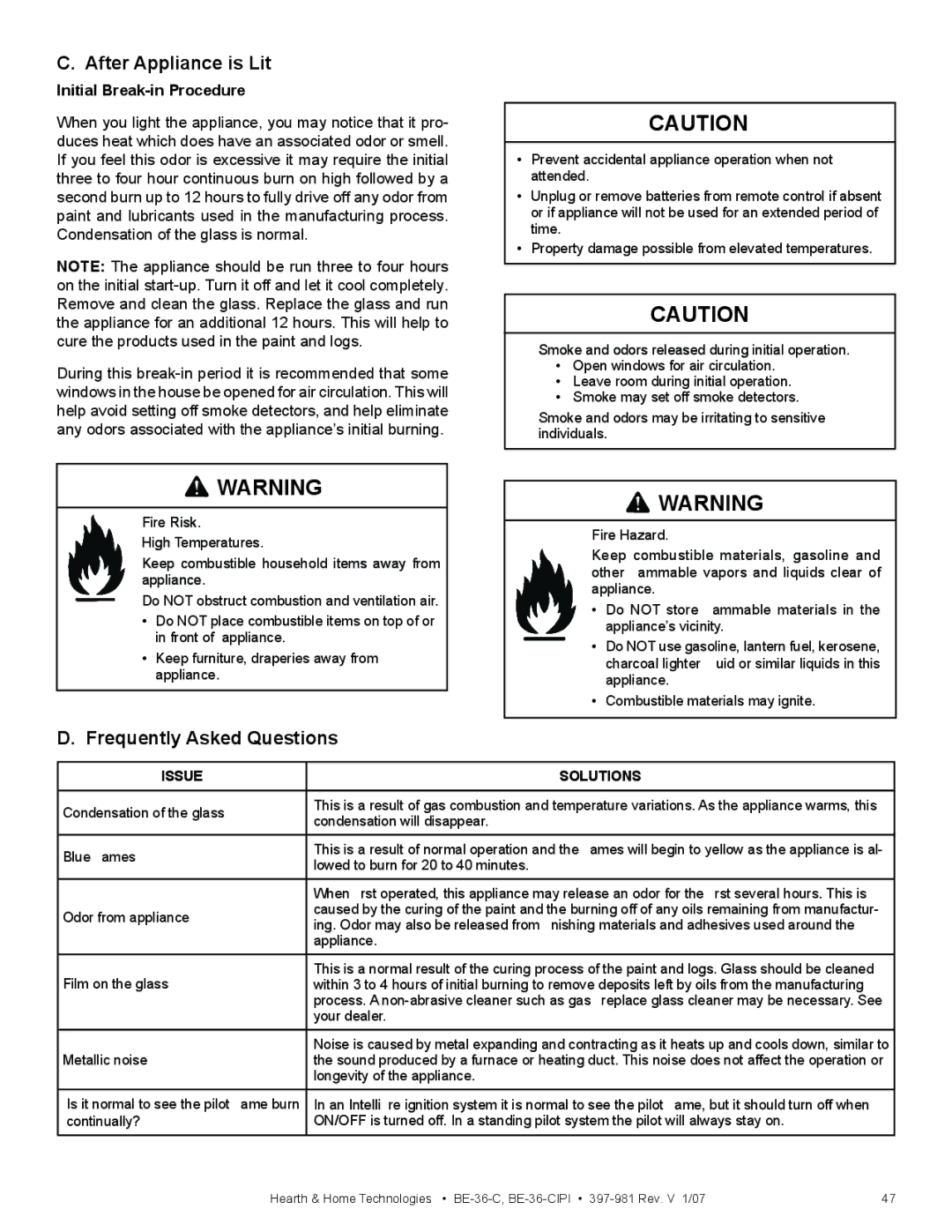 Hearth and Home Technologies BE-36-C manual After Appliance is Lit, Frequently Asked Questions, Initial Break-in Procedure 