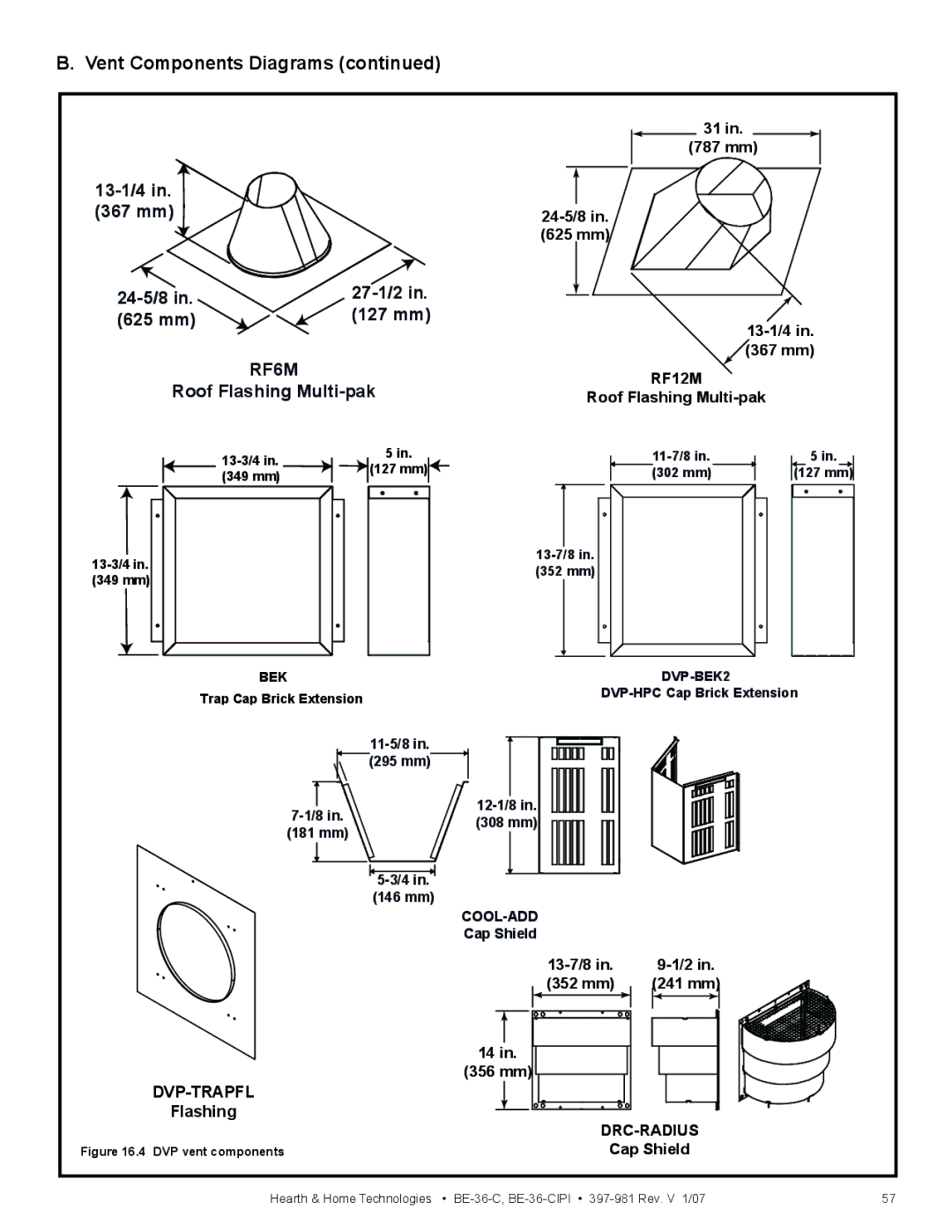 Hearth and Home Technologies BE-36-C manual 24-5/8 625 mm, 13-1/4, 367 mm, 13-7/8 352 mm 241 mm, 356 mm, Cap Shield 