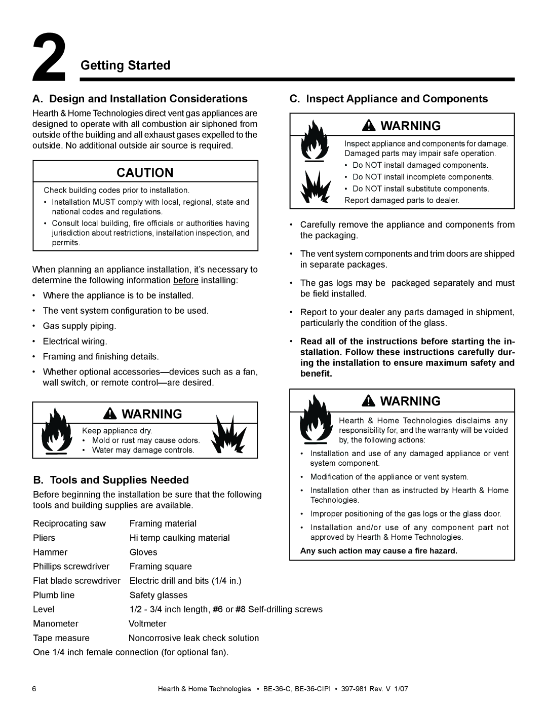 Hearth and Home Technologies BE-36-C Getting Started, Design and Installation Considerations, Tools and Supplies Needed 