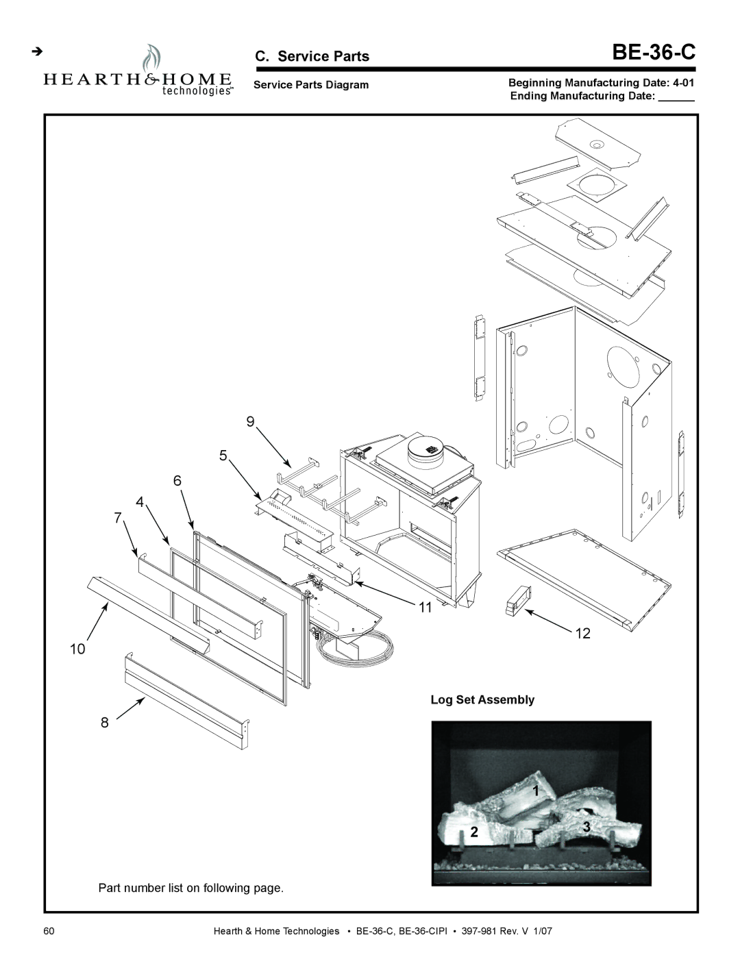 Hearth and Home Technologies BE-36-C manual Service Parts, Log Set Assembly 