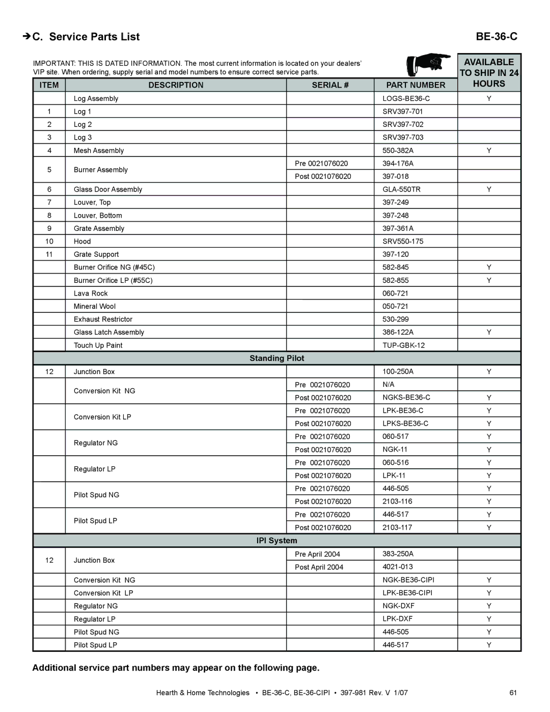 Hearth and Home Technologies manual ÎC. Service Parts List BE-36-C, Standing Pilot, IPI System 